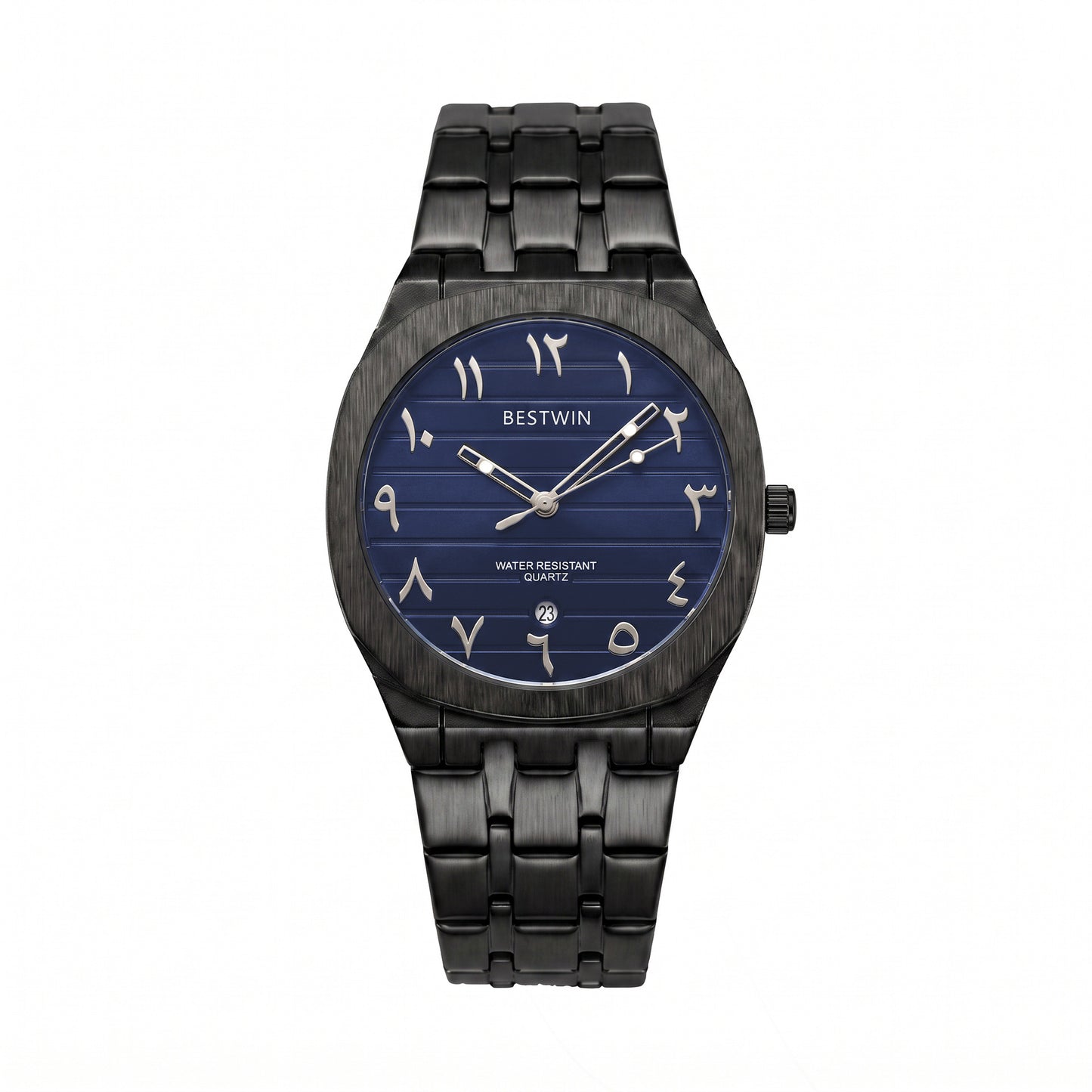 Men's Quartz Watch With Stainless Steel Strap And Round Dial Featuring Tempered Glass Mirror And Butterfly Double Snap Buckle