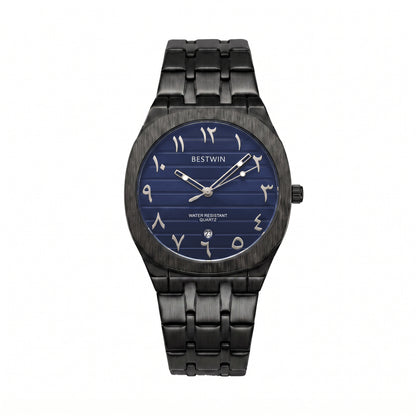 Men's Quartz Watch With Stainless Steel Strap And Round Dial Featuring Tempered Glass Mirror And Butterfly Double Snap Buckle