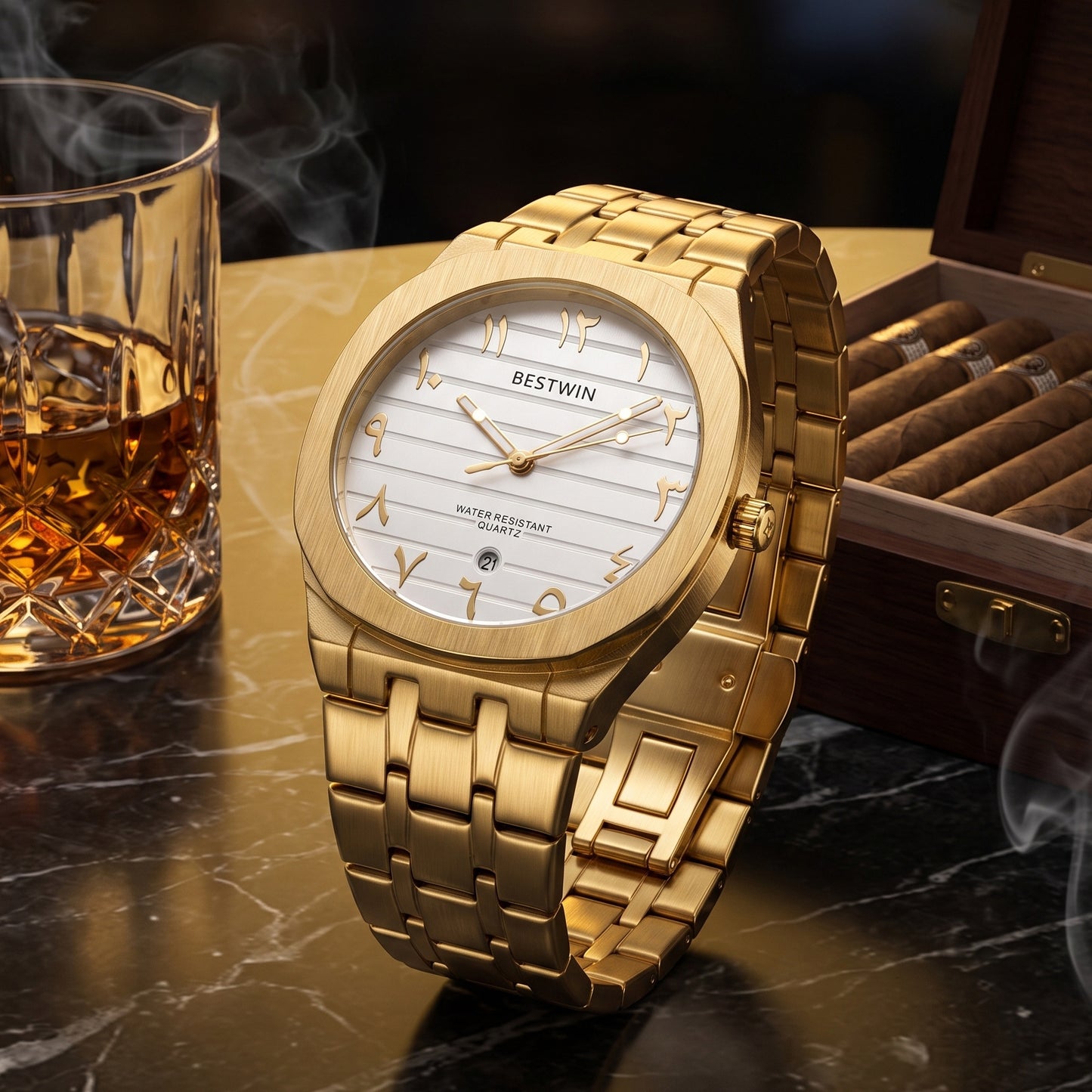 Men's Quartz Watch With Stainless Steel Strap And Round Dial Featuring Tempered Glass Mirror And Butterfly Double Snap Buckle
