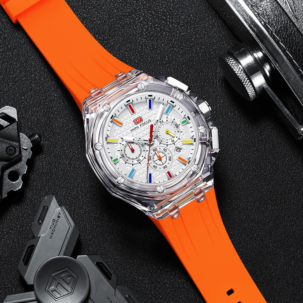 Men's Quartz Watch With Round Dial And Pointer Display, Silica Gel Strap With Pin Buckle
