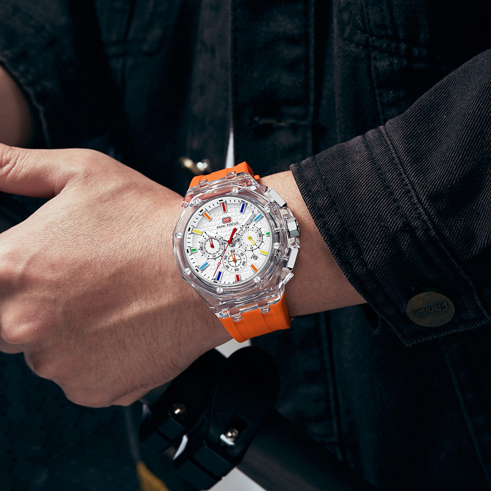 Men's Quartz Watch With Round Dial And Pointer Display, Silica Gel Strap With Pin Buckle