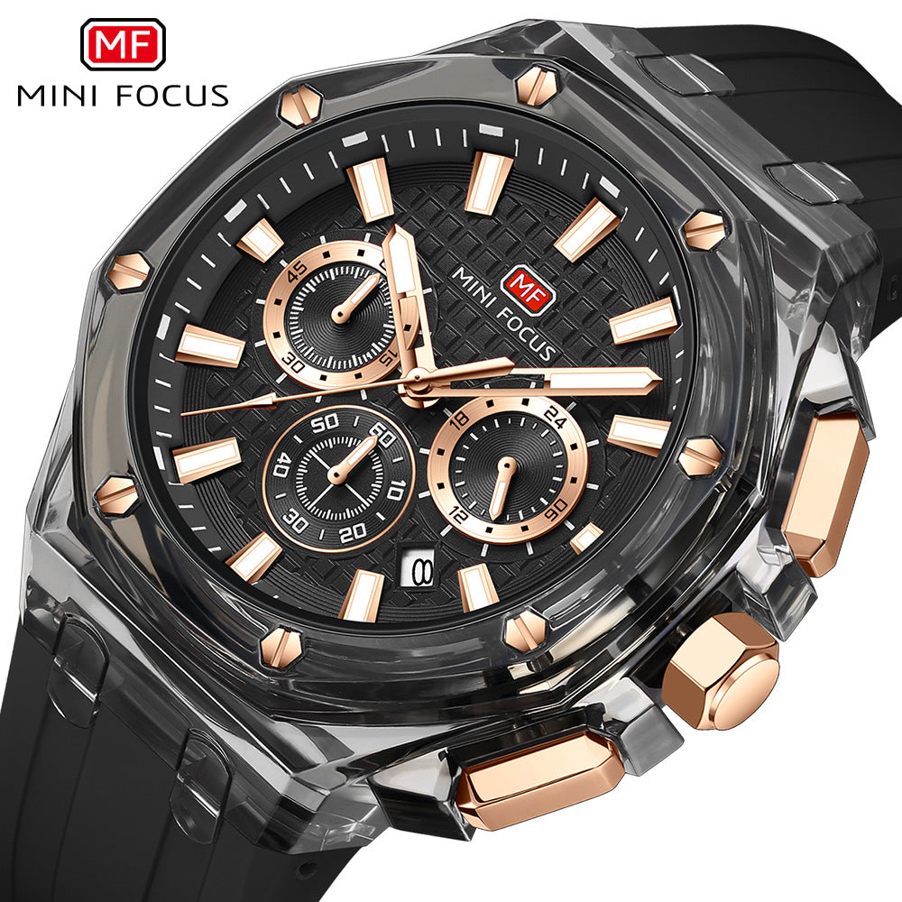 Men's Quartz Watch With Round Dial And Pointer Display, Silica Gel Strap With Pin Buckle