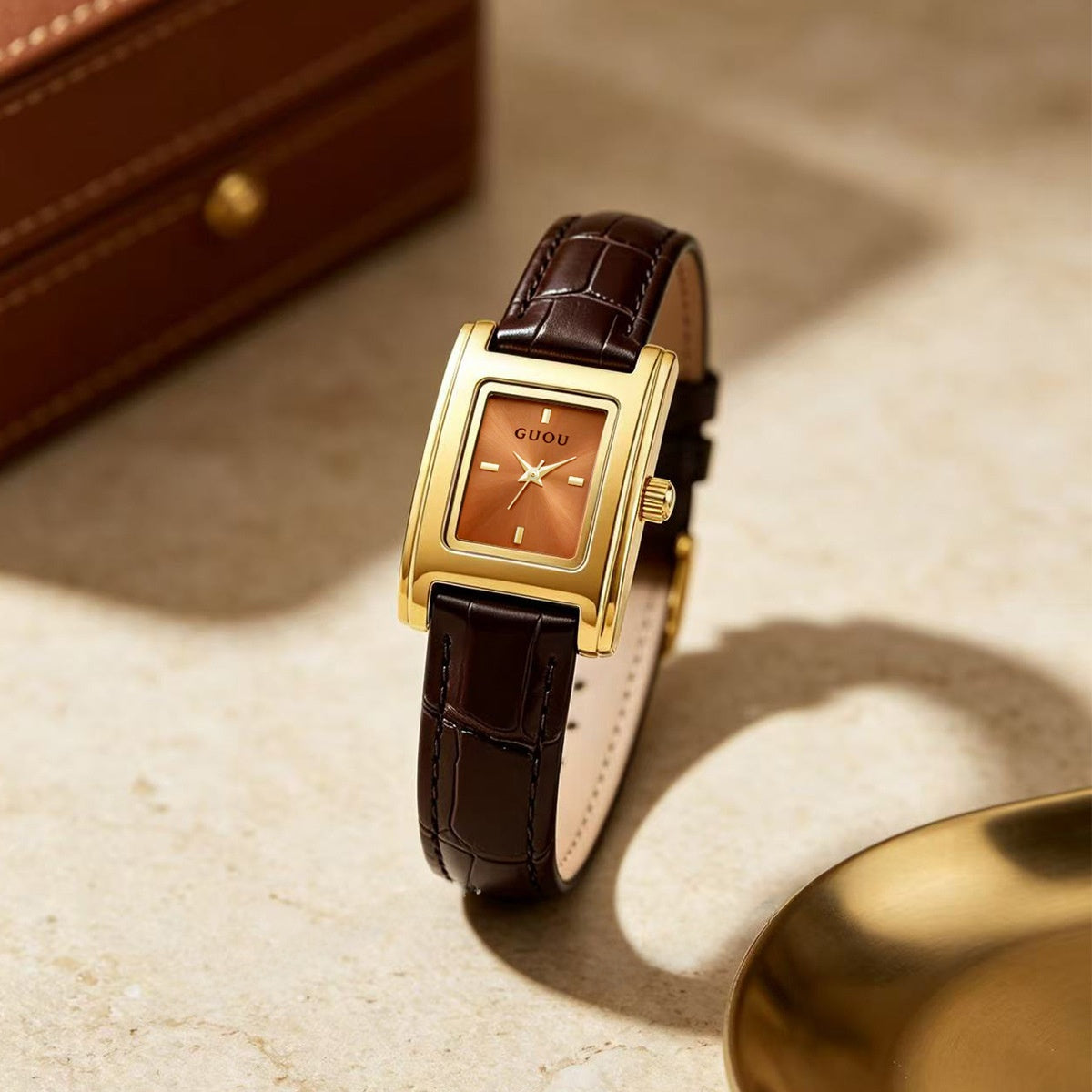 Women’s Quartz Watch With Genuine Leather Strap, Rectangle Dial, Tempered Glass Mirror, Pointer Display, And Pin Buckle