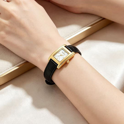 Women’s Quartz Watch With Genuine Leather Strap, Rectangle Dial, Tempered Glass Mirror, Pointer Display, And Pin Buckle