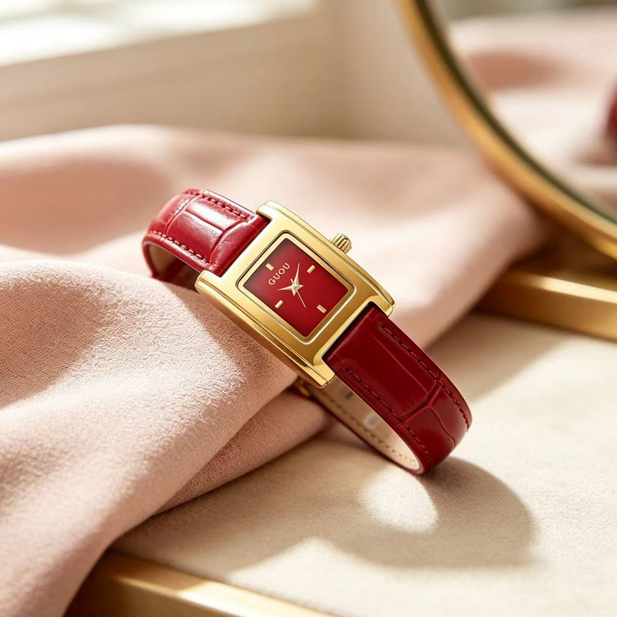 Women’s Quartz Watch With Genuine Leather Strap, Rectangle Dial, Tempered Glass Mirror, Pointer Display, And Pin Buckle