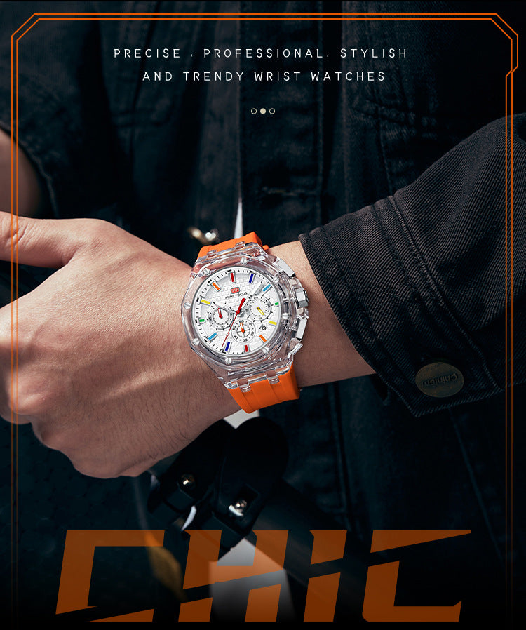 Men's Quartz Watch With Round Dial And Pointer Display, Silica Gel Strap With Pin Buckle