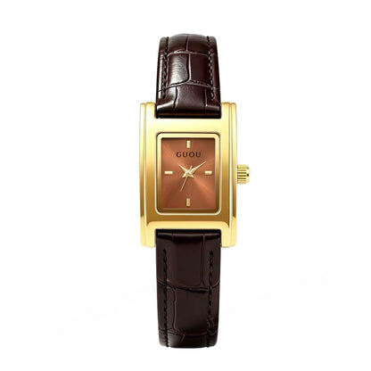 Women’s Quartz Watch With Genuine Leather Strap, Rectangle Dial, Tempered Glass Mirror, Pointer Display, And Pin Buckle