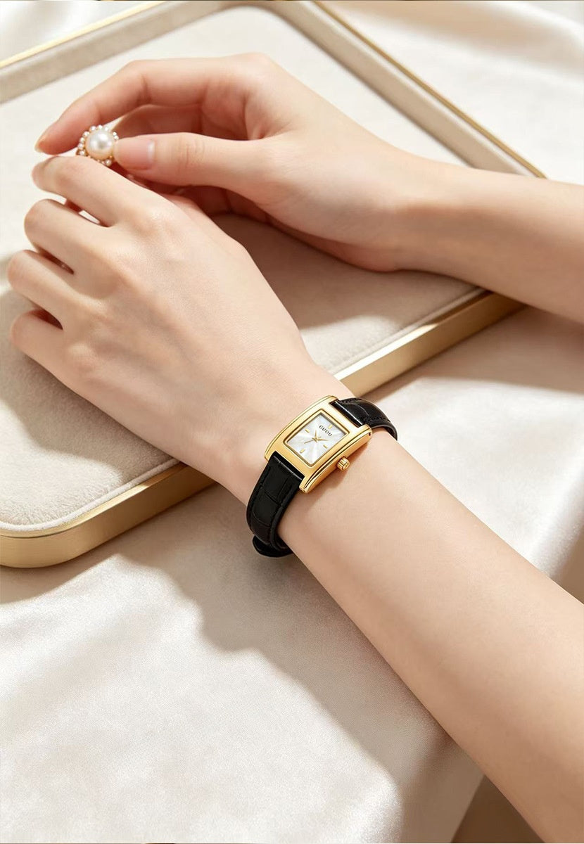 Women’s Quartz Watch With Genuine Leather Strap, Rectangle Dial, Tempered Glass Mirror, Pointer Display, And Pin Buckle