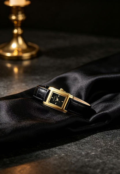 Women’s Quartz Watch With Genuine Leather Strap, Rectangle Dial, Tempered Glass Mirror, Pointer Display, And Pin Buckle