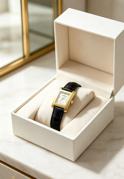 Women’s Quartz Watch With Genuine Leather Strap, Rectangle Dial, Tempered Glass Mirror, Pointer Display, And Pin Buckle