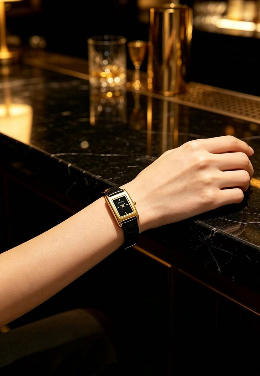 Women’s Quartz Watch With Genuine Leather Strap, Rectangle Dial, Tempered Glass Mirror, Pointer Display, And Pin Buckle