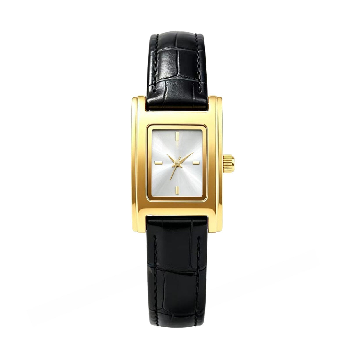 Women’s Quartz Watch With Genuine Leather Strap, Rectangle Dial, Tempered Glass Mirror, Pointer Display, And Pin Buckle