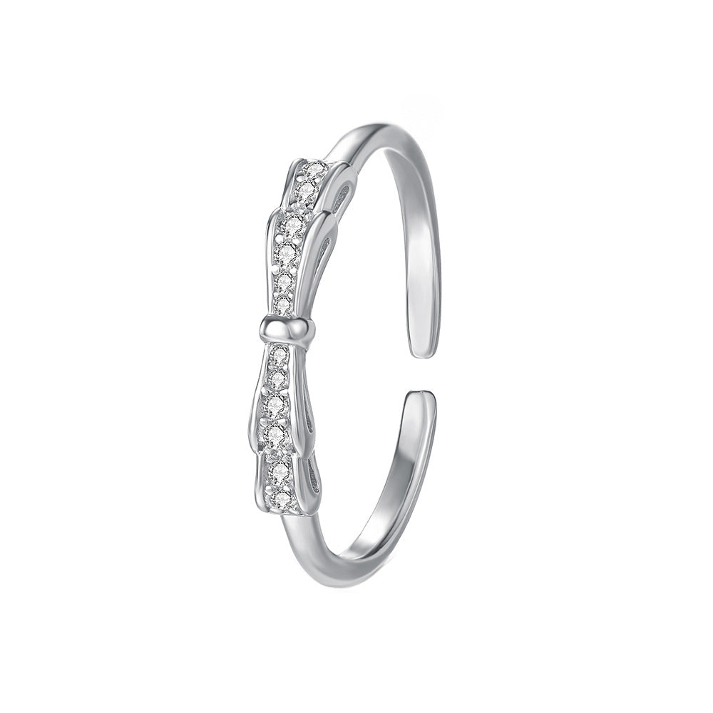 Simple Style Couple Bow Tie Open Rings In S999 Silver With Platinum Plated Electroplated Finish And Zircon Inlay