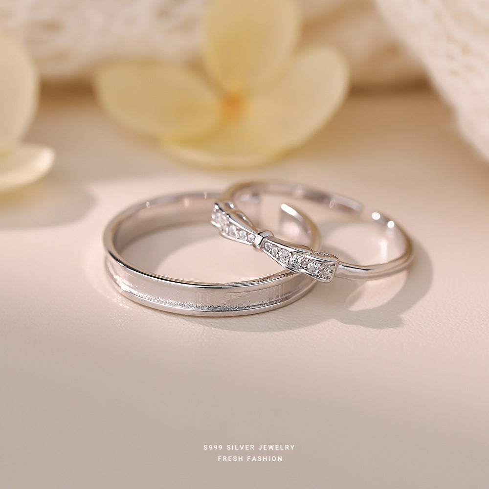 Simple Style Couple Bow Tie Open Rings In S999 Silver With Platinum Plated Electroplated Finish And Zircon Inlay