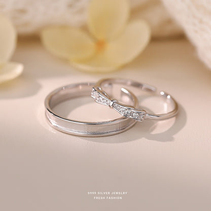 Simple Style Couple Bow Tie Open Rings In S999 Silver With Platinum Plated Electroplated Finish And Zircon Inlay