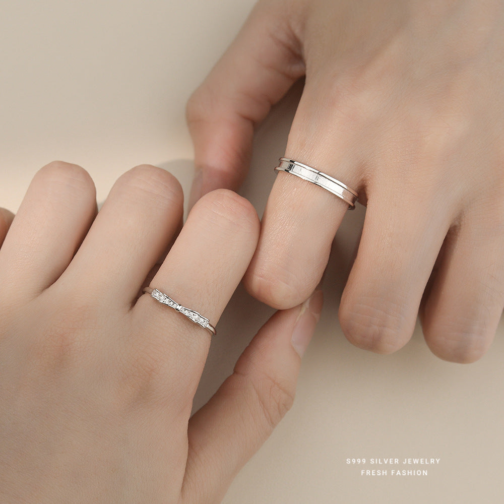 Simple Style Couple Bow Tie Open Rings In S999 Silver With Platinum Plated Electroplated Finish And Zircon Inlay