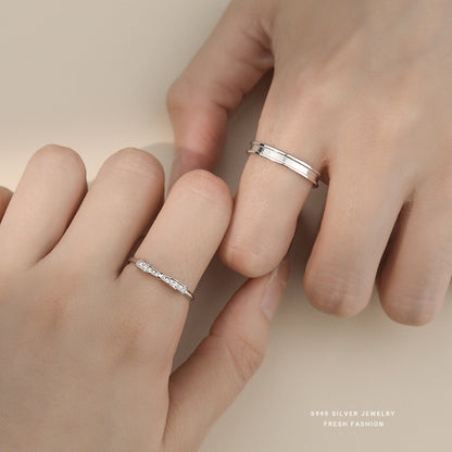 Simple Style Couple Bow Tie Open Rings In S999 Silver With Platinum Plated Electroplated Finish And Zircon Inlay