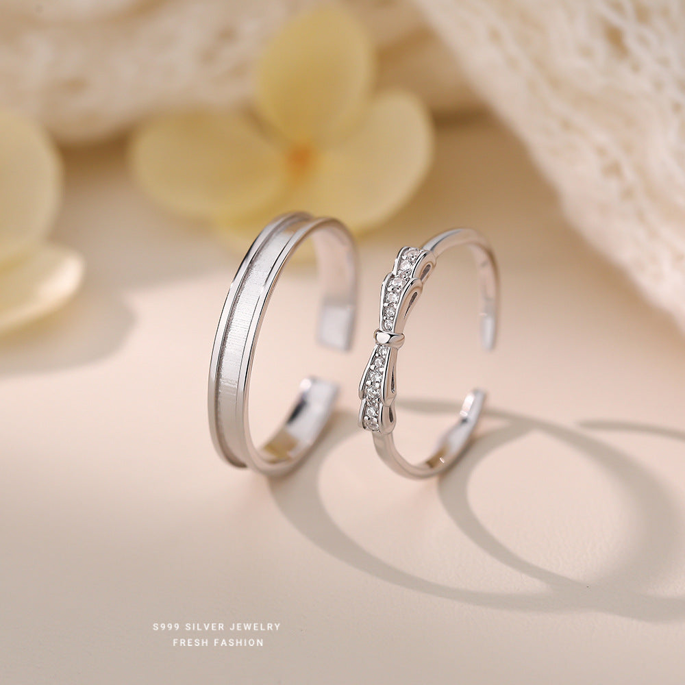 Simple Style Couple Bow Tie Open Rings In S999 Silver With Platinum Plated Electroplated Finish And Zircon Inlay