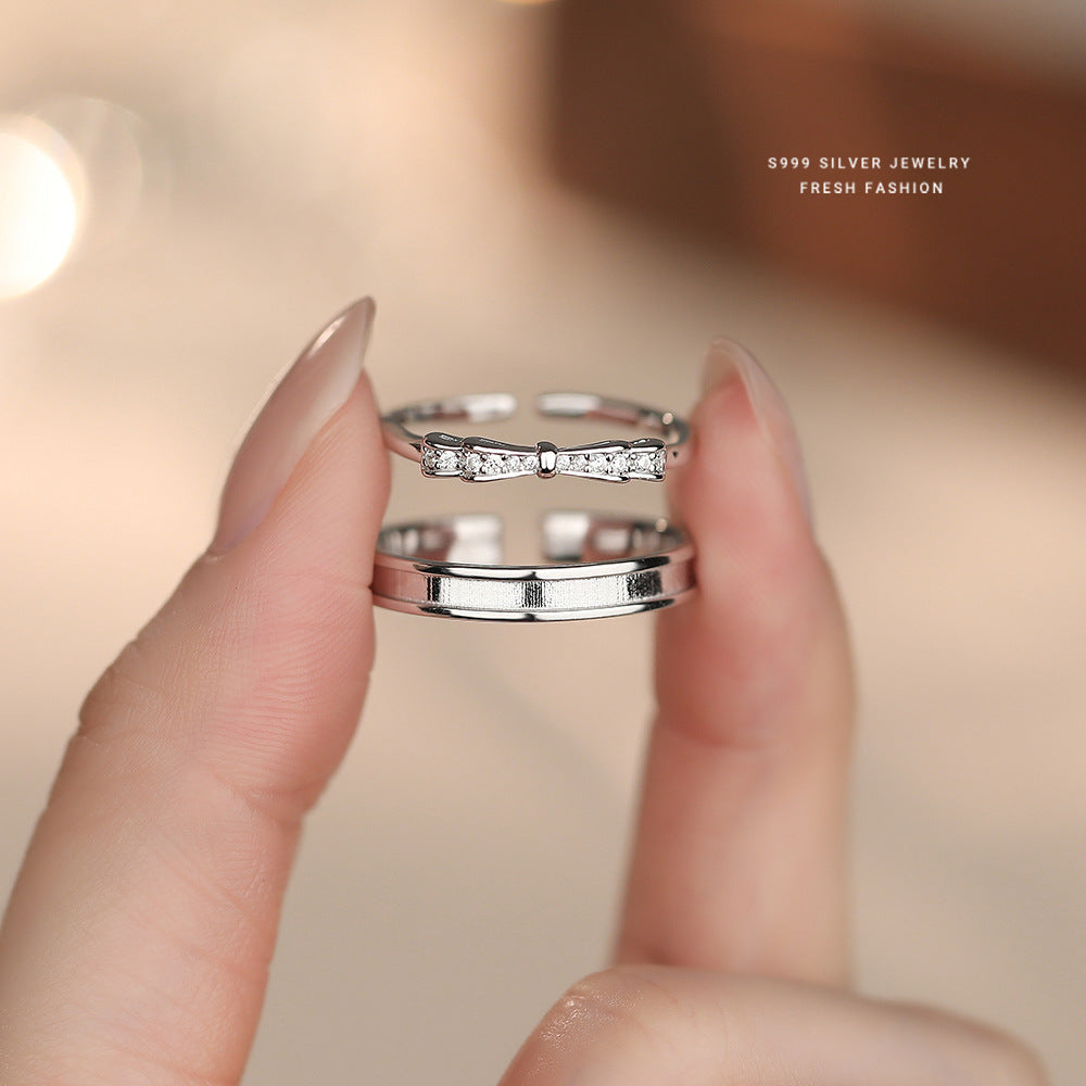 Simple Style Couple Bow Tie Open Rings In S999 Silver With Platinum Plated Electroplated Finish And Zircon Inlay