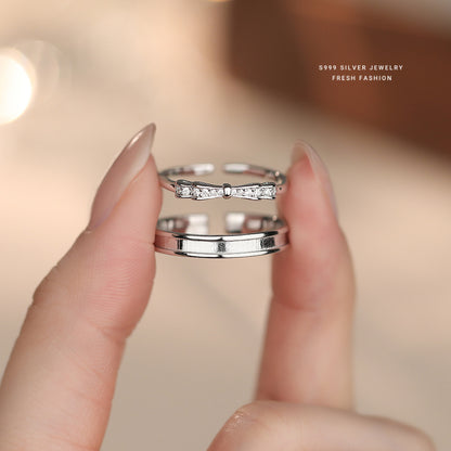 Simple Style Couple Bow Tie Open Rings In S999 Silver With Platinum Plated Electroplated Finish And Zircon Inlay