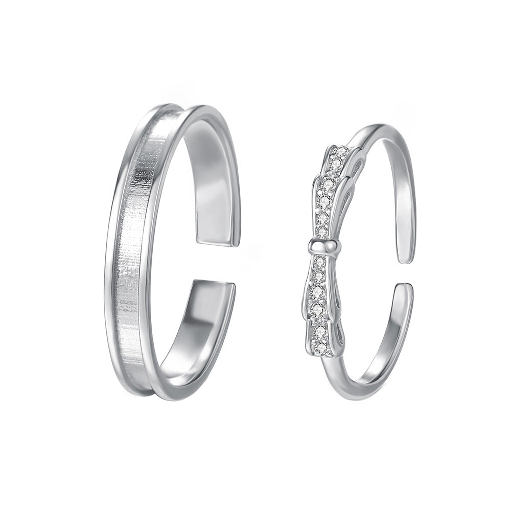 Simple Style Couple Bow Tie Open Rings In S999 Silver With Platinum Plated Electroplated Finish And Zircon Inlay