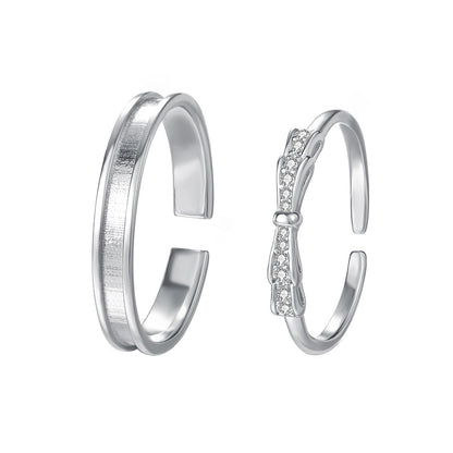 Simple Style Couple Bow Tie Open Rings In S999 Silver With Platinum Plated Electroplated Finish And Zircon Inlay