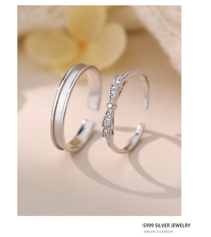 Simple Style Couple Bow Tie Open Rings In S999 Silver With Platinum Plated Electroplated Finish And Zircon Inlay