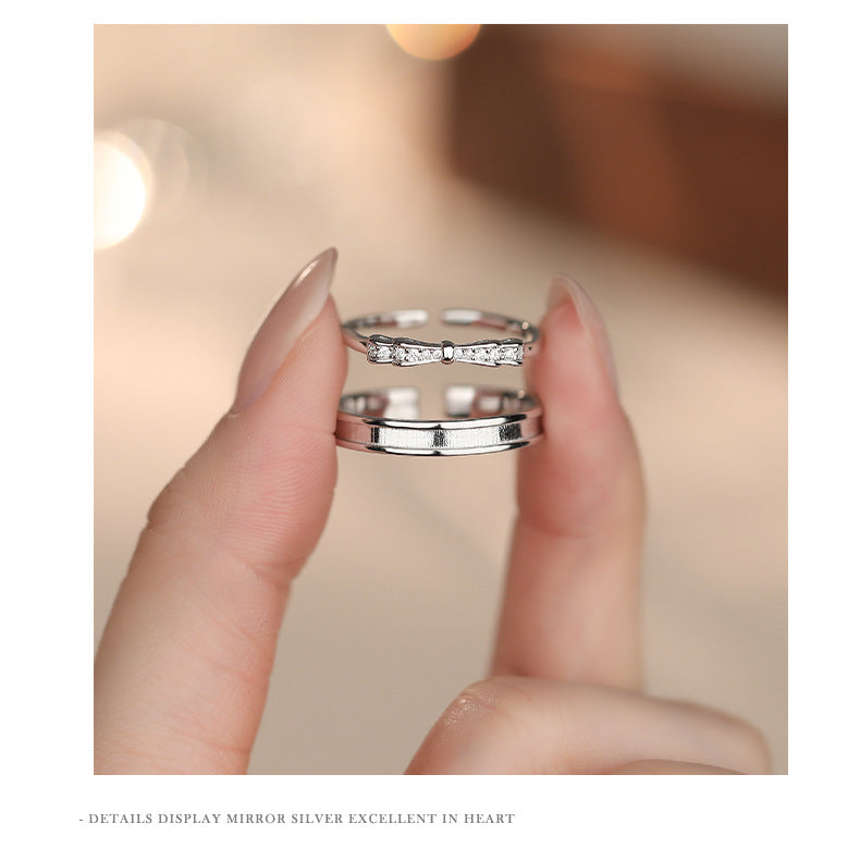 Simple Style Couple Bow Tie Open Rings In S999 Silver With Platinum Plated Electroplated Finish And Zircon Inlay