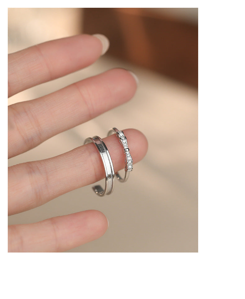 Simple Style Couple Bow Tie Open Rings In S999 Silver With Platinum Plated Electroplated Finish And Zircon Inlay