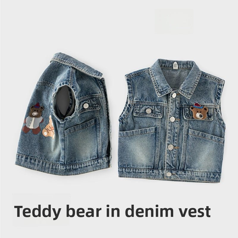 Bear Polyester Toddler Boy's Sleeveless Vest With Pocket, Single Breasted Design For Ages 3-6 Years