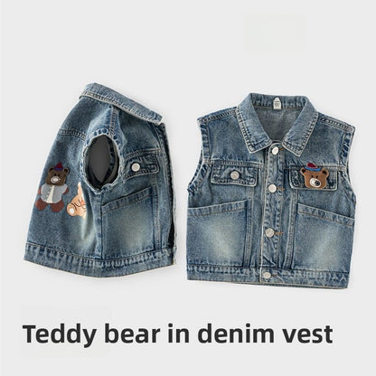 Bear Polyester Toddler Boy's Sleeveless Vest With Pocket, Single Breasted Design For Ages 3-6 Years