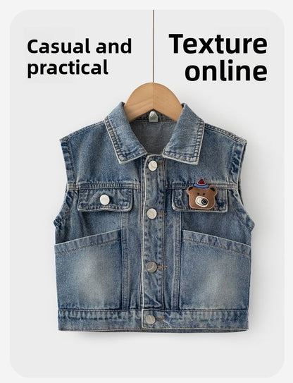 Bear Polyester Toddler Boy's Sleeveless Vest With Pocket, Single Breasted Design For Ages 3-6 Years
