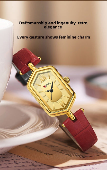 Women's Quartz Watch With Rhombus Dial Featuring Tempered Glass And Pin Buckle Strap Material Belts