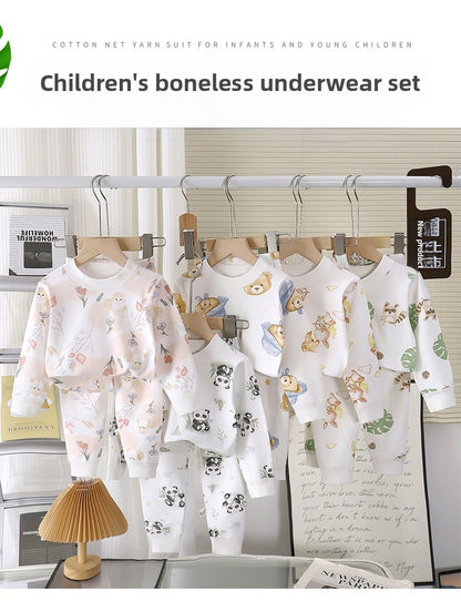 Cat Pattern Toddler Children's Underwear Set In White Cotton With Scoop Neck, 2 Pieces For Ages 3-6 Years
