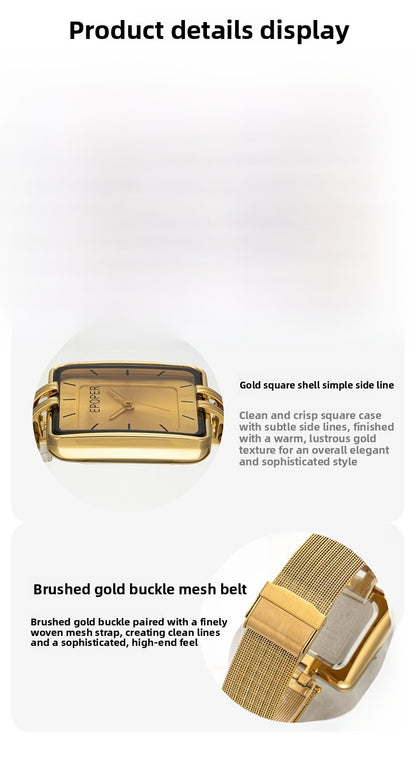 Women’s Square Quartz Watch With Mesh Belt Strap, Tempered Glass Mirror, Pointer Display, And Single Folding Buckle