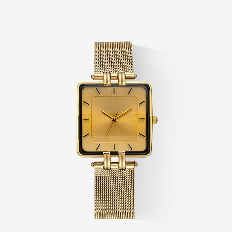 Women’s Square Quartz Watch With Mesh Belt Strap, Tempered Glass Mirror, Pointer Display, And Single Folding Buckle