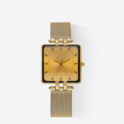 Women’s Square Quartz Watch With Mesh Belt Strap, Tempered Glass Mirror, Pointer Display, And Single Folding Buckle