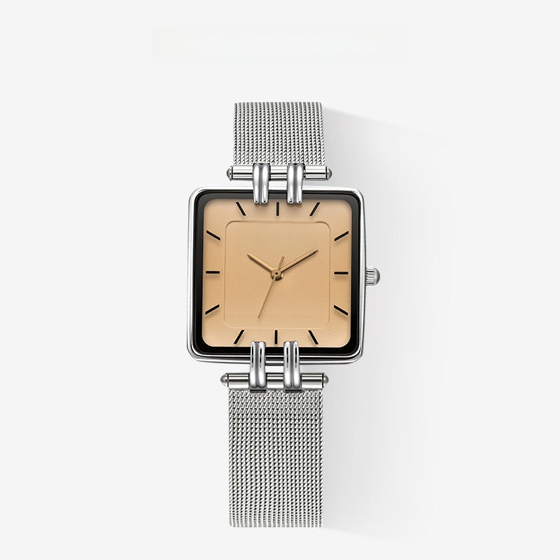 Women’s Square Quartz Watch With Mesh Belt Strap, Tempered Glass Mirror, Pointer Display, And Single Folding Buckle
