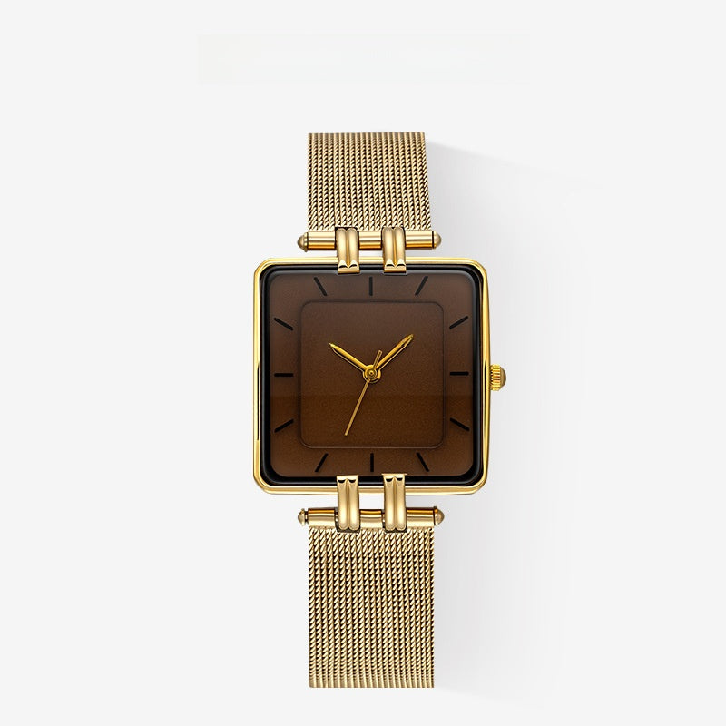 Women’s Square Quartz Watch With Mesh Belt Strap, Tempered Glass Mirror, Pointer Display, And Single Folding Buckle