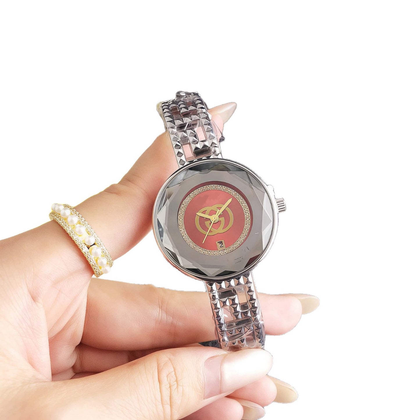 Women's Quartz Watch With Round Dial And Alloy Strap Featuring Double Side Snap Buckle And Ordinary Glass Mirror