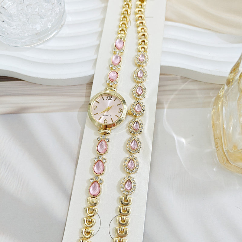 Women’s Quartz Watch Jewelry Set With Round Dial, Alloy Strap, Single Folding Buckle, And Ordinary Glass Mirror