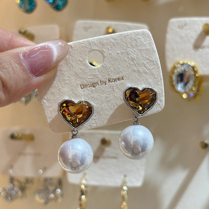 Heart Shape Stud Earrings For Women With Multicolor Zircon Inlay In Simple Style Alloy