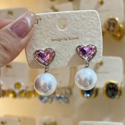 Heart Shape Stud Earrings For Women With Multicolor Zircon Inlay In Simple Style Alloy