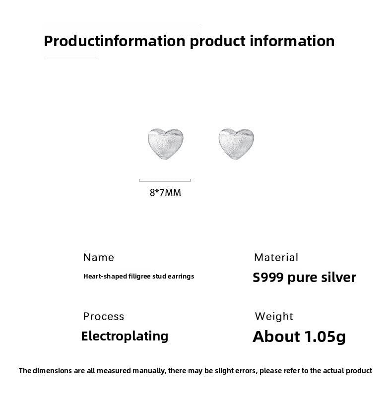 Heart Shape Stud Earrings For Women In Simple Style, Crafted With Brushed S999 Silver In Silver Color
