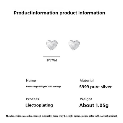 Heart Shape Stud Earrings For Women In Simple Style, Crafted With Brushed S999 Silver In Silver Color