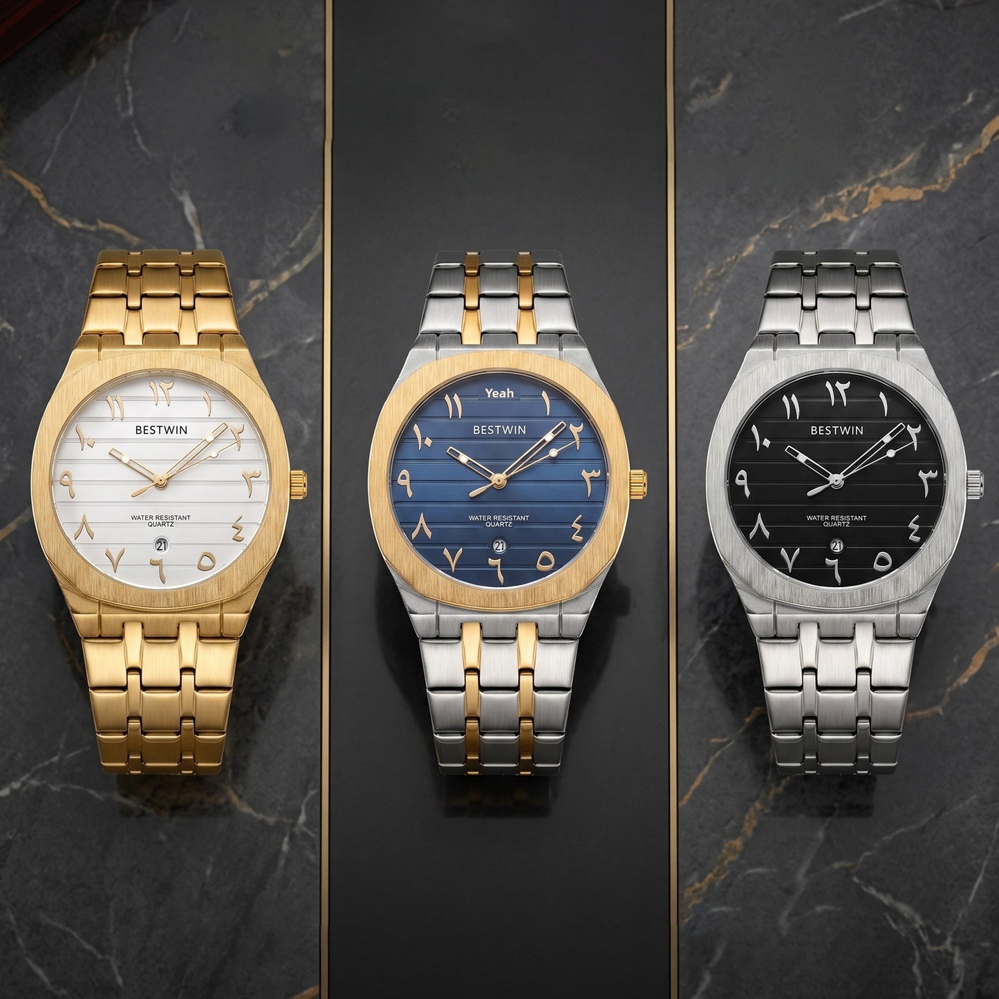 Men's Quartz Watch With Stainless Steel Strap And Round Dial Featuring Tempered Glass Mirror And Butterfly Double Snap Buckle