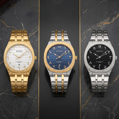 Men's Quartz Watch With Stainless Steel Strap And Round Dial Featuring Tempered Glass Mirror And Butterfly Double Snap Buckle