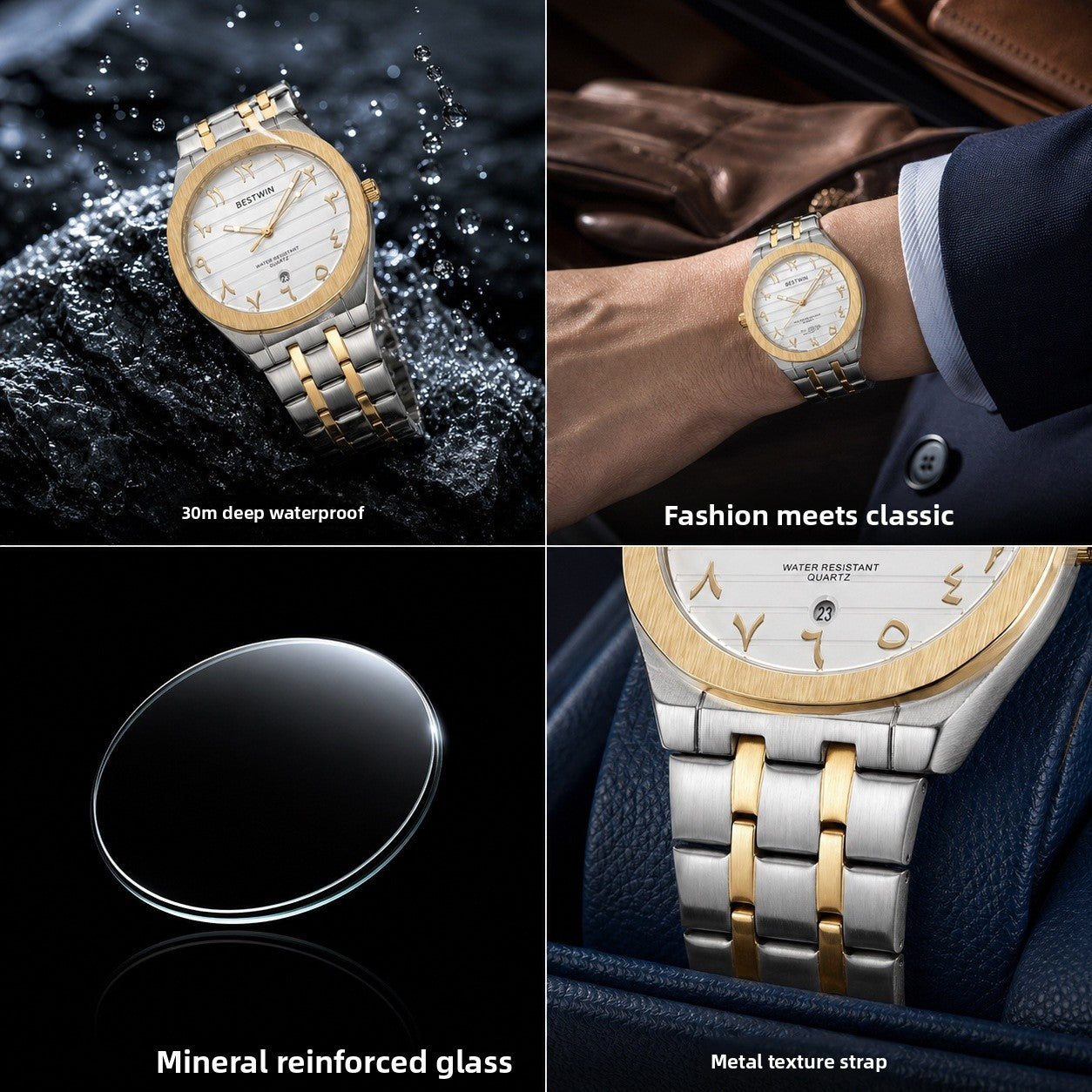 Men's Quartz Watch With Stainless Steel Strap And Round Dial Featuring Tempered Glass Mirror And Butterfly Double Snap Buckle