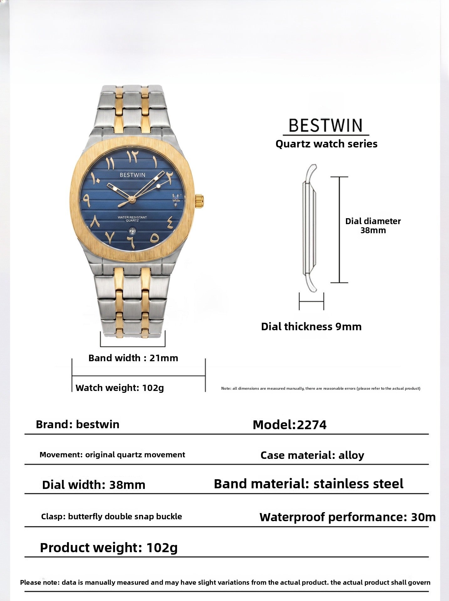 Men's Quartz Watch With Stainless Steel Strap And Round Dial Featuring Tempered Glass Mirror And Butterfly Double Snap Buckle
