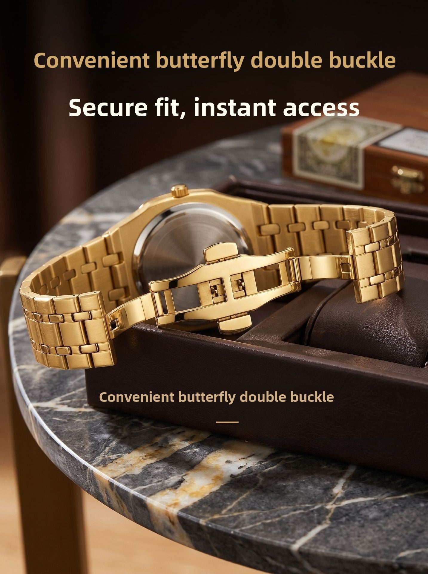 Men's Quartz Watch With Stainless Steel Strap And Round Dial Featuring Tempered Glass Mirror And Butterfly Double Snap Buckle